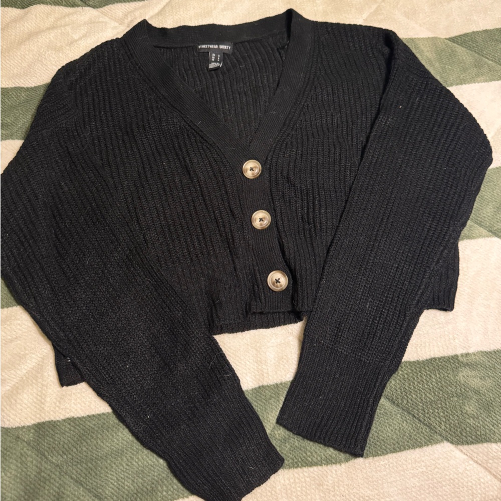 Black Cropped Cardigan with Button Detail